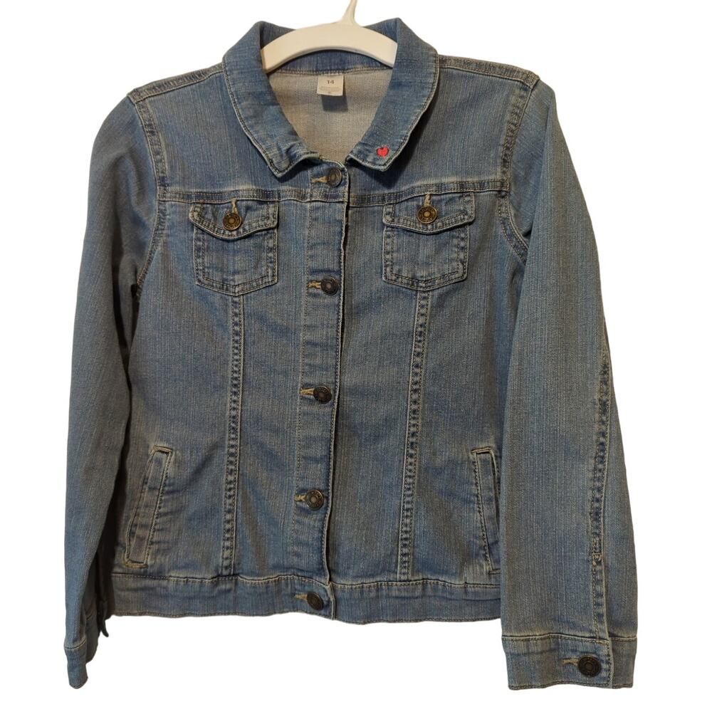 Carter's Kid Denim Jean Jacket Button Up Utility Pockets Embroidered Heart Sz 14